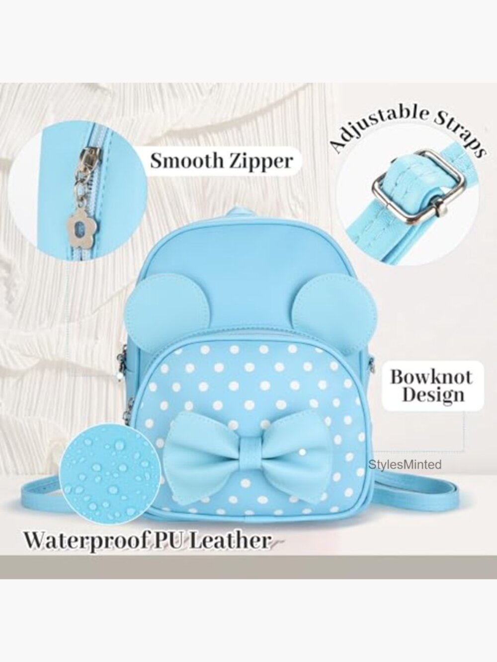 Cute Bowknot Polka Dot Mini Backpack - Adjustable Strap Kids Women Daypack - Picture 4 of 7